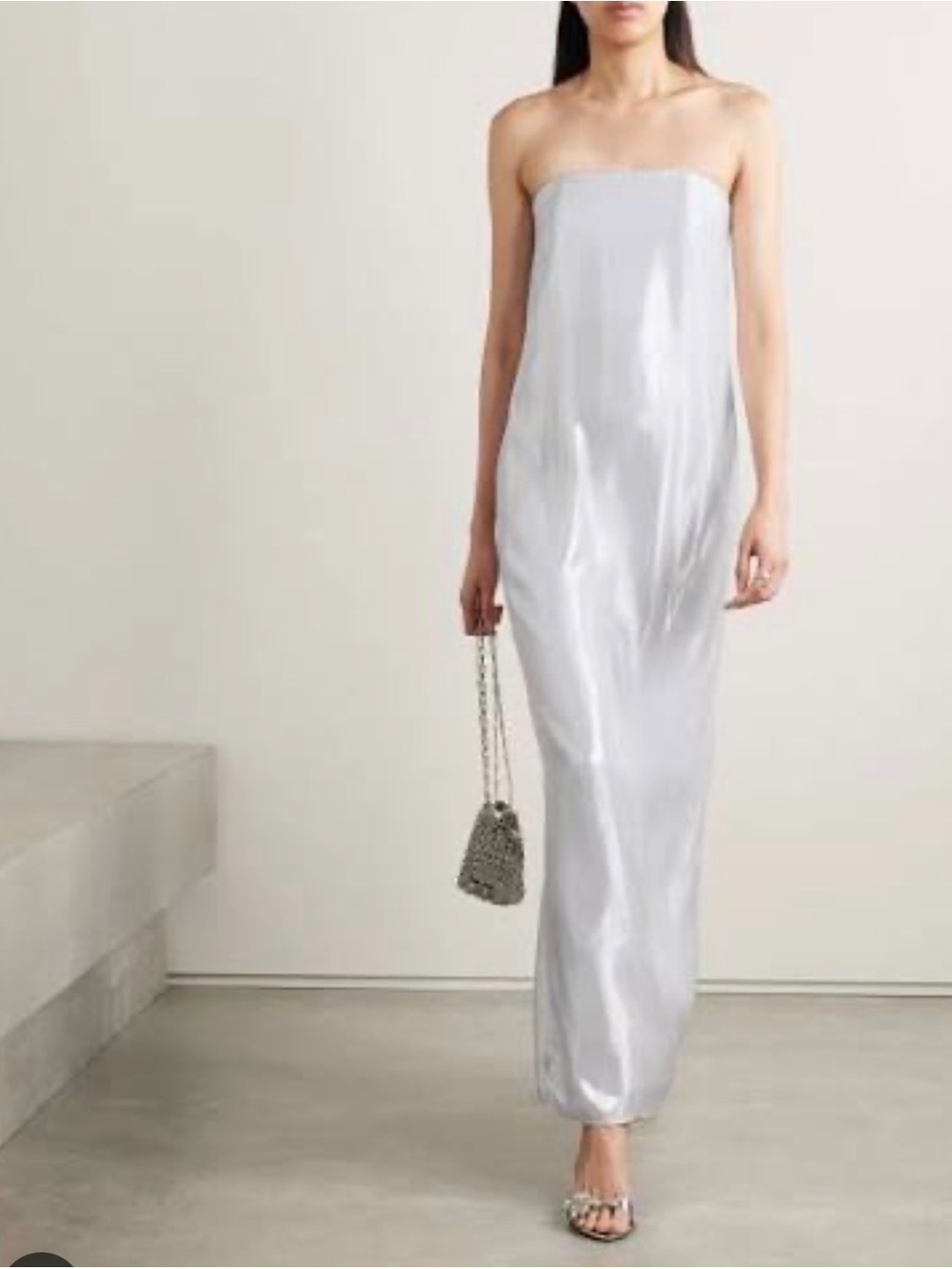 NWT STAUD  Casey Silver Strapless Satin Maxi Dress
